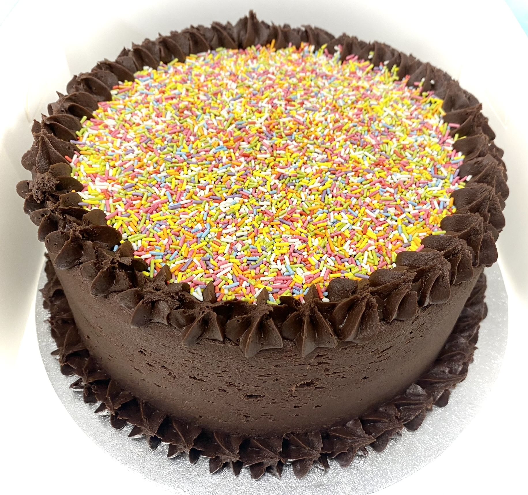 A round chocolate cake is decorated with a generous layer of colorful sprinkles on top. The decadent chocolate cake is frosted with smooth chocolate icing and has piped chocolate rosettes around its top edge and base.